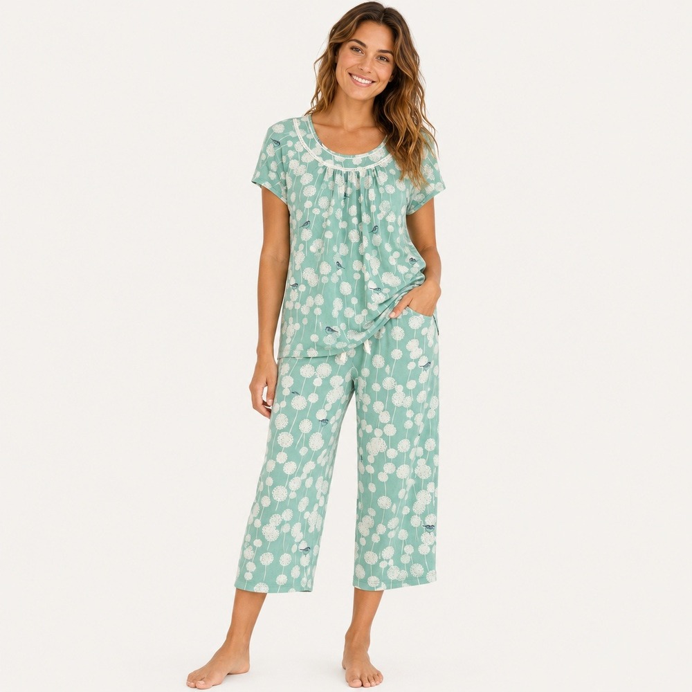 Sleep Sense Pajama Set Womens M Aqua Blue Bird Dandelion  Top & Crop Pant